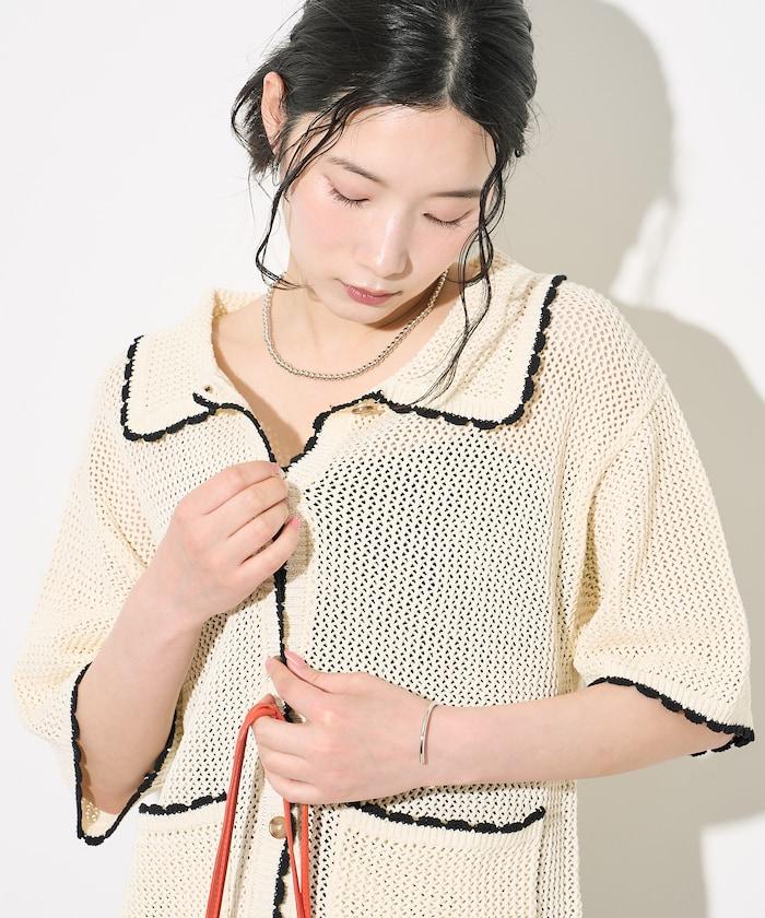 網眼配色短袖針織開衫