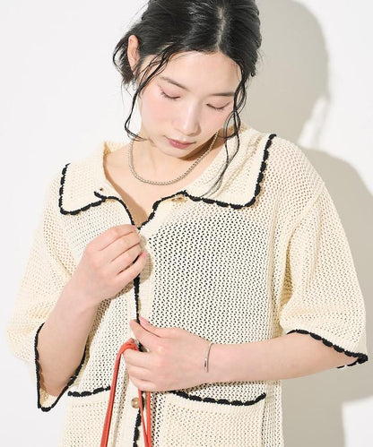 網眼配色短袖針織開衫