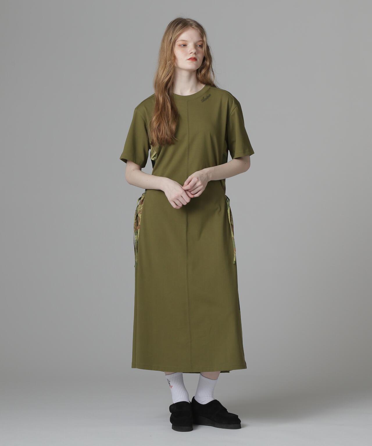 PLEATED CAMO MIX GATHER POCKET ONE PIECE 褶皺迷彩拼接抽褶口袋連衣裙