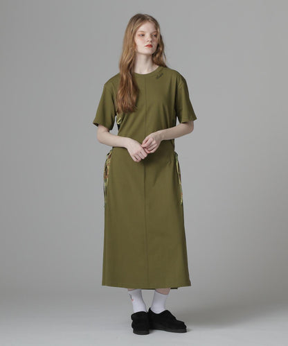 PLEATED CAMO MIX GATHER POCKET ONE PIECE 褶皺迷彩拼接抽褶口袋連衣裙