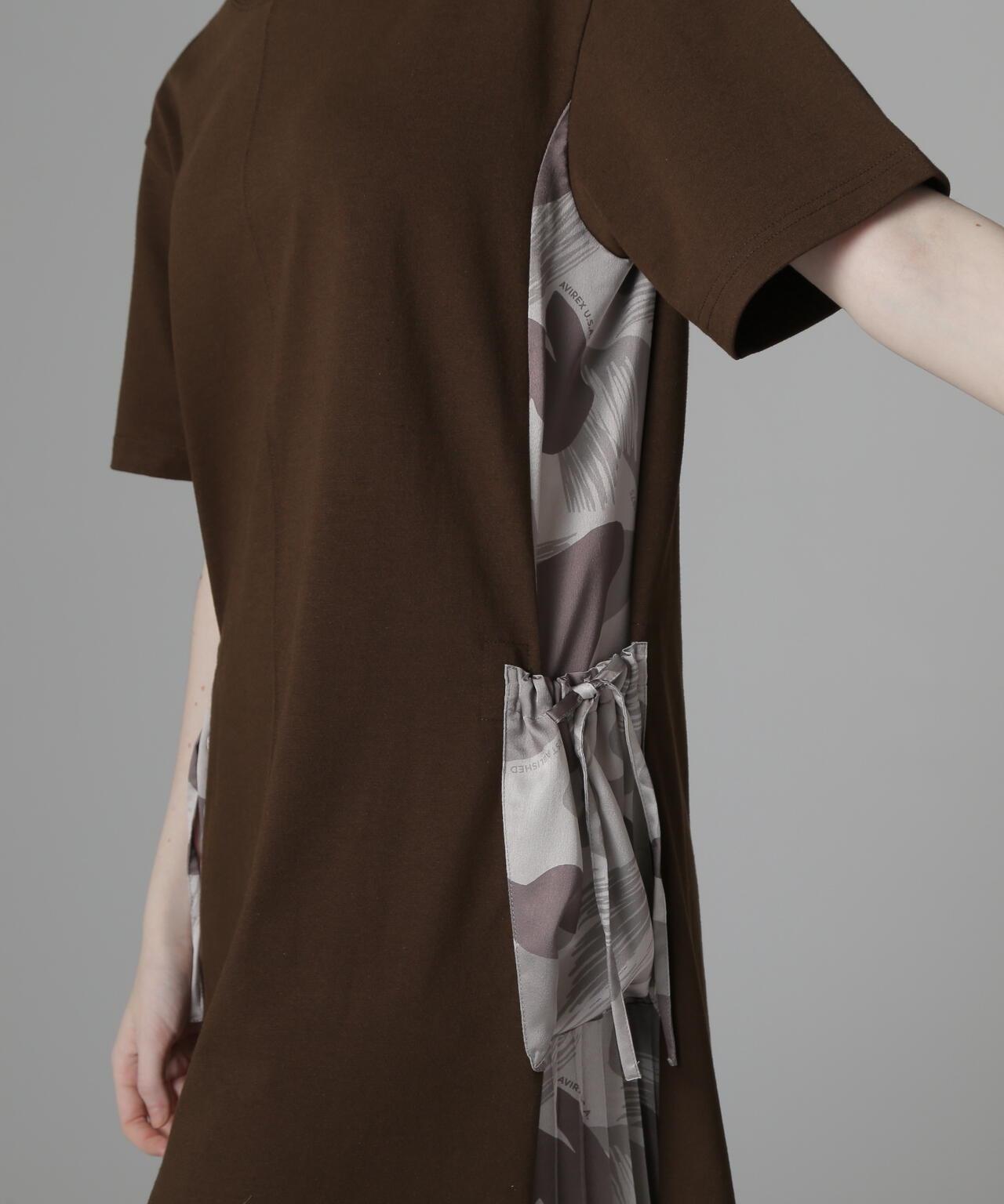 PLEATED CAMO MIX GATHER POCKET ONE PIECE 褶皺迷彩拼接抽褶口袋連衣裙