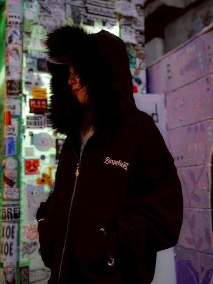 SUPPLIER サプライヤー LHP EXCLUSIVE 人造毛短款交叉拉鍊連帽外套