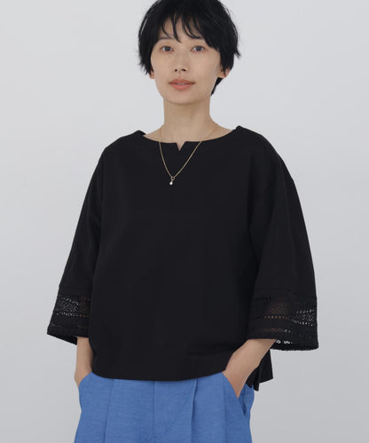 袖部蕾絲 強捻天竺 針織上衣
