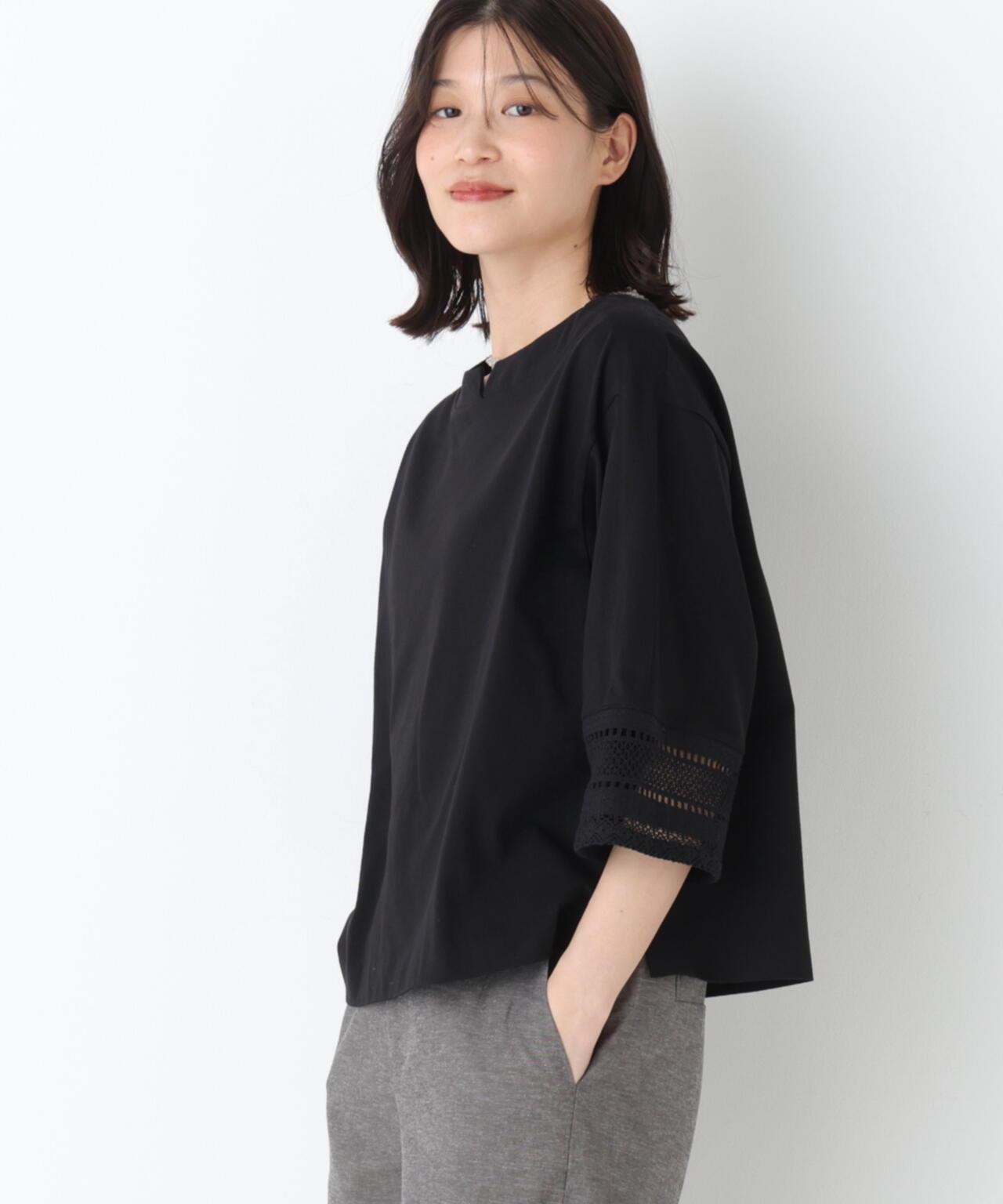 袖部蕾絲 強捻天竺 針織上衣