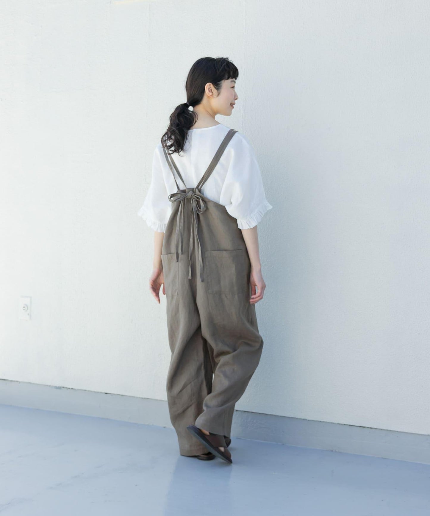 亞麻揹帶褲