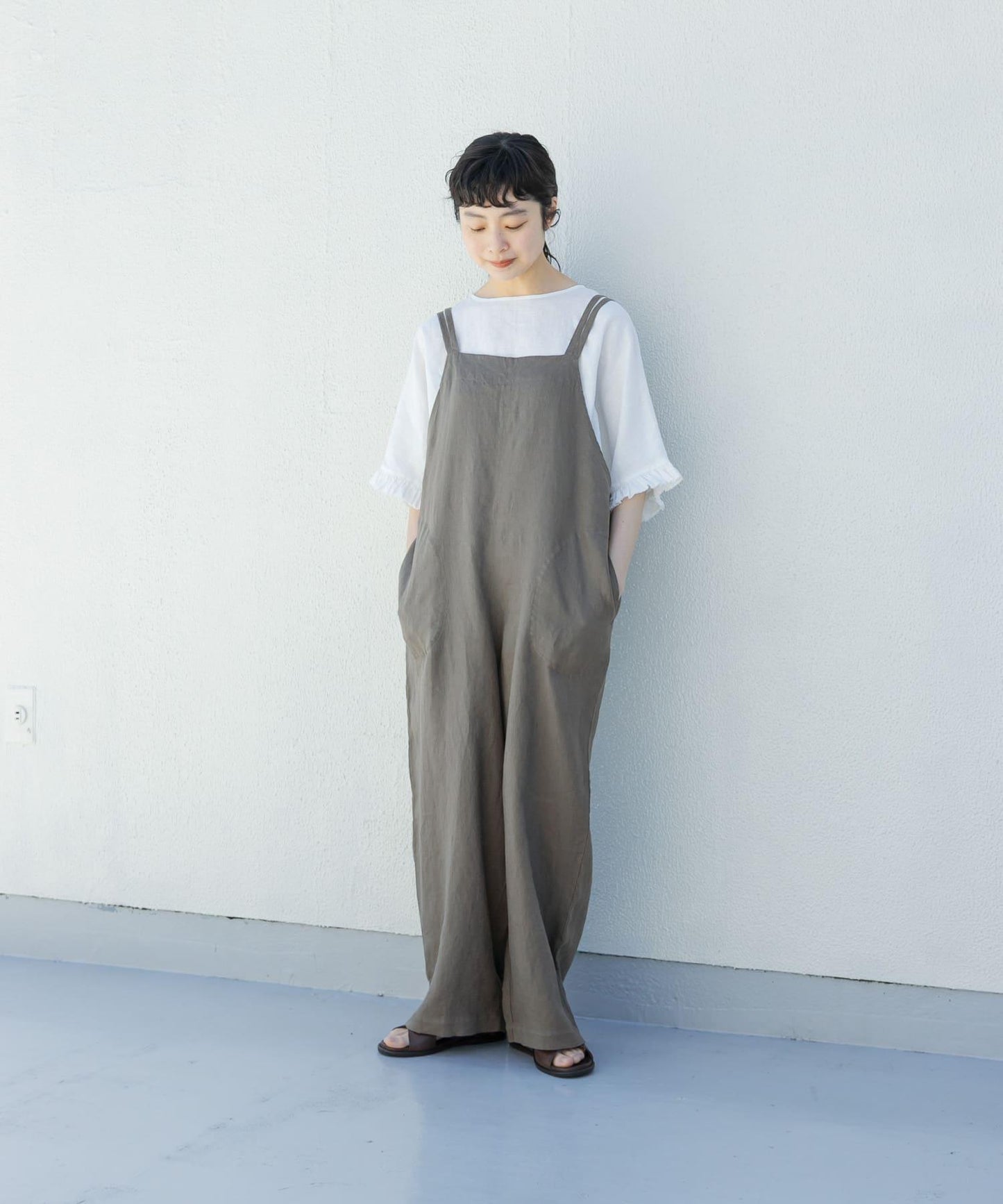 亞麻揹帶褲