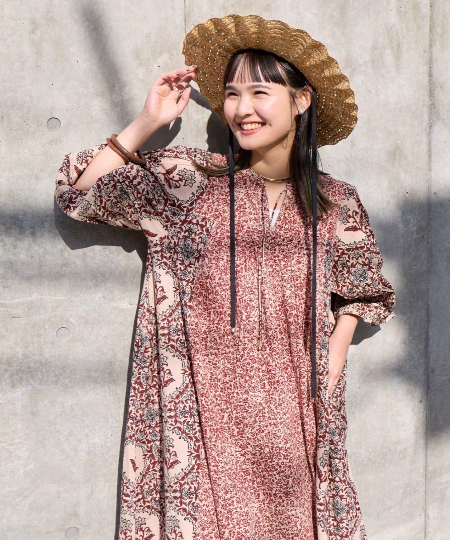 Aguni 花卉拼接袖 蓬鬆連衣裙