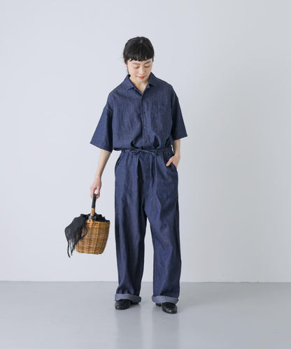 棉麻牛仔半袖連體褲