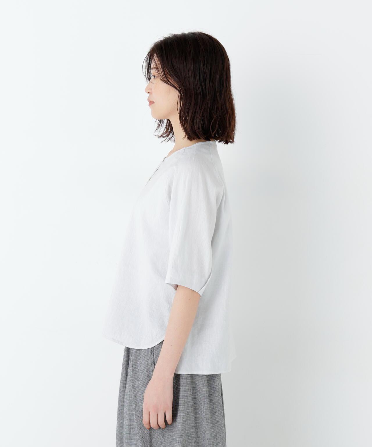 《洗える》 亞麻棉色織 抽褶袖 上衣