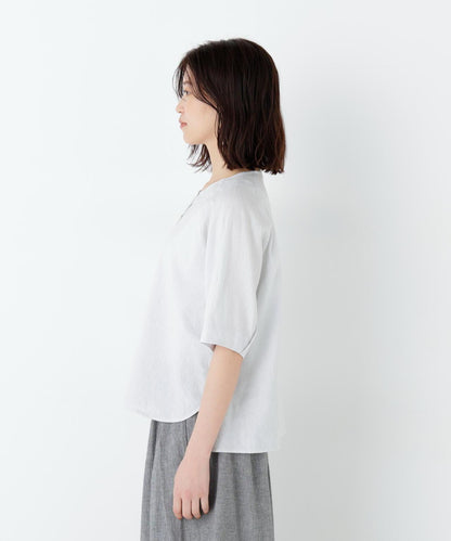 《洗える》 亞麻棉色織 抽褶袖 上衣