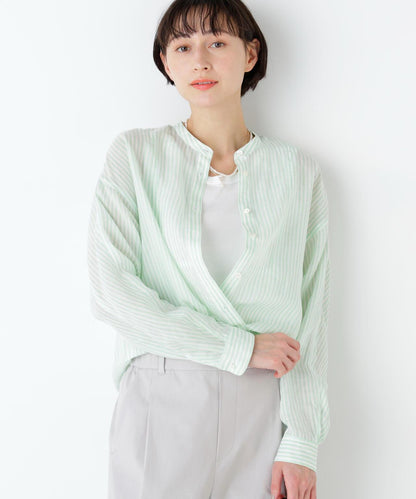 《名品 / 洗える》 苧麻條紋胸前褶飾 襯衫上衣