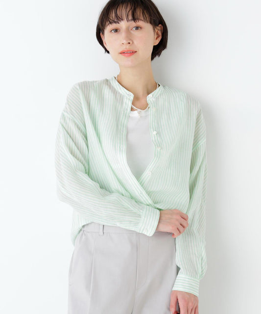 《名品 / 洗える》 苧麻條紋胸前褶飾 襯衫上衣