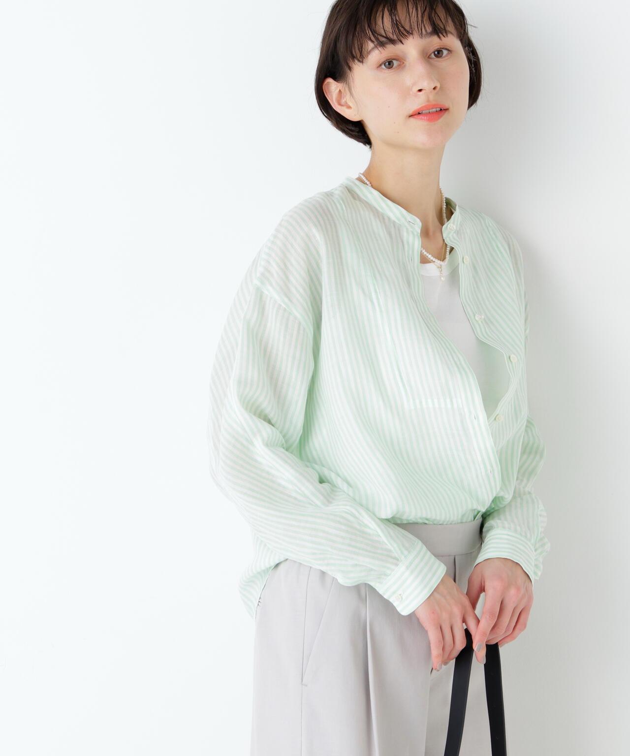《名品 / 洗える》 苧麻條紋胸前褶飾 襯衫上衣
