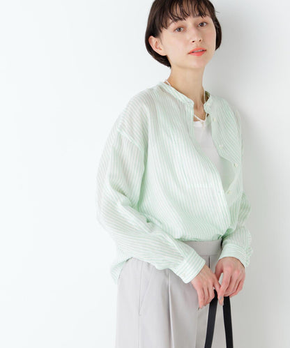 《名品 / 洗える》 苧麻條紋胸前褶飾 襯衫上衣