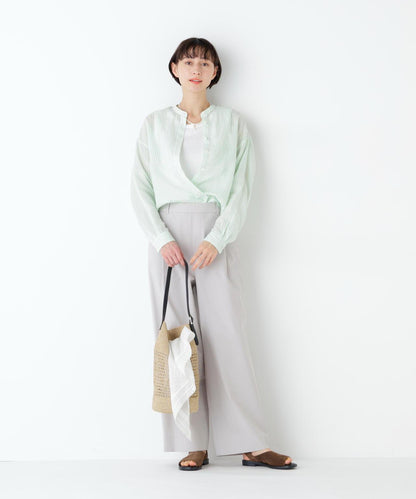 《名品 / 洗える》 苧麻條紋胸前褶飾 襯衫上衣