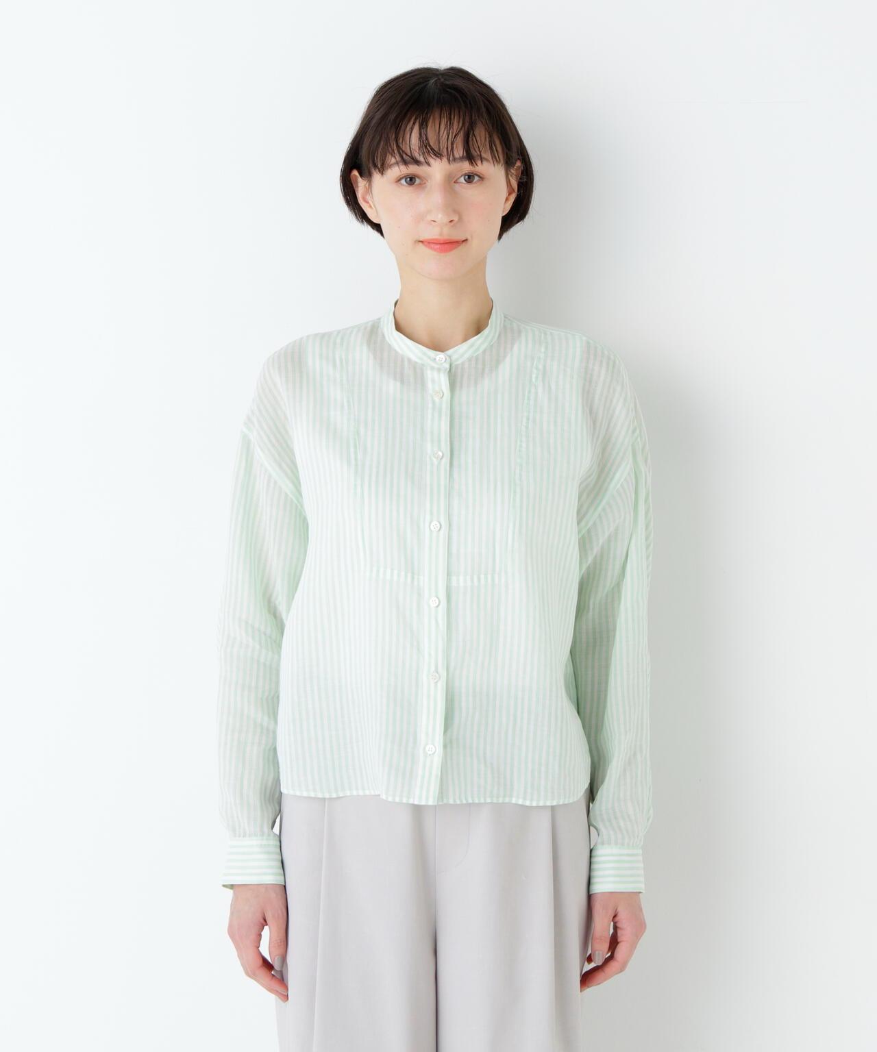 《名品 / 洗える》 苧麻條紋胸前褶飾 襯衫上衣