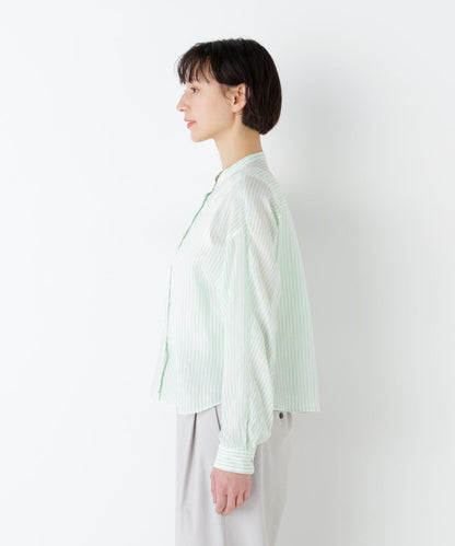 《名品 / 洗える》 苧麻條紋胸前褶飾 襯衫上衣