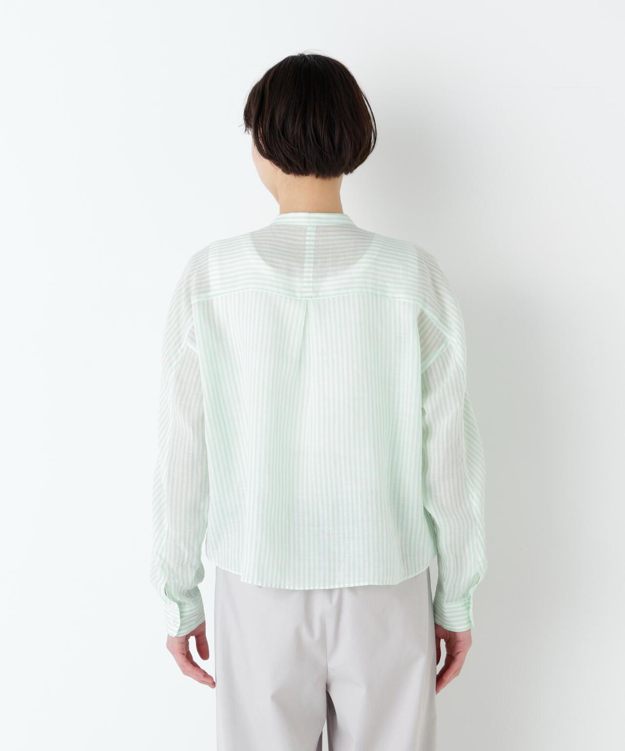 《名品 / 洗える》 苧麻條紋胸前褶飾 襯衫上衣