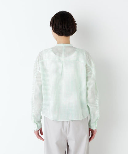 《名品 / 洗える》 苧麻條紋胸前褶飾 襯衫上衣