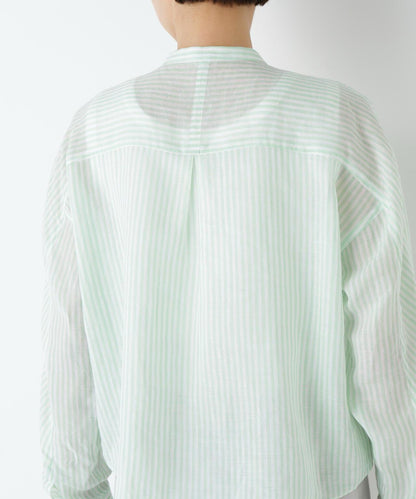 《名品 / 洗える》 苧麻條紋胸前褶飾 襯衫上衣