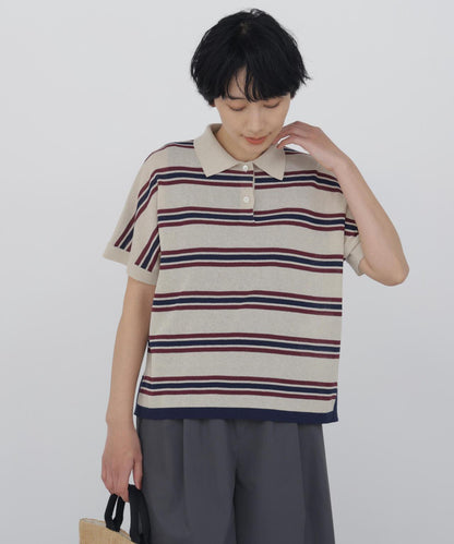 《洗える / Good Price》 透感條紋 POLO領 針織T恤