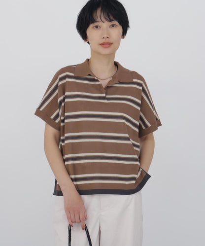 《洗える / Good Price》 透感條紋 POLO領 針織T恤