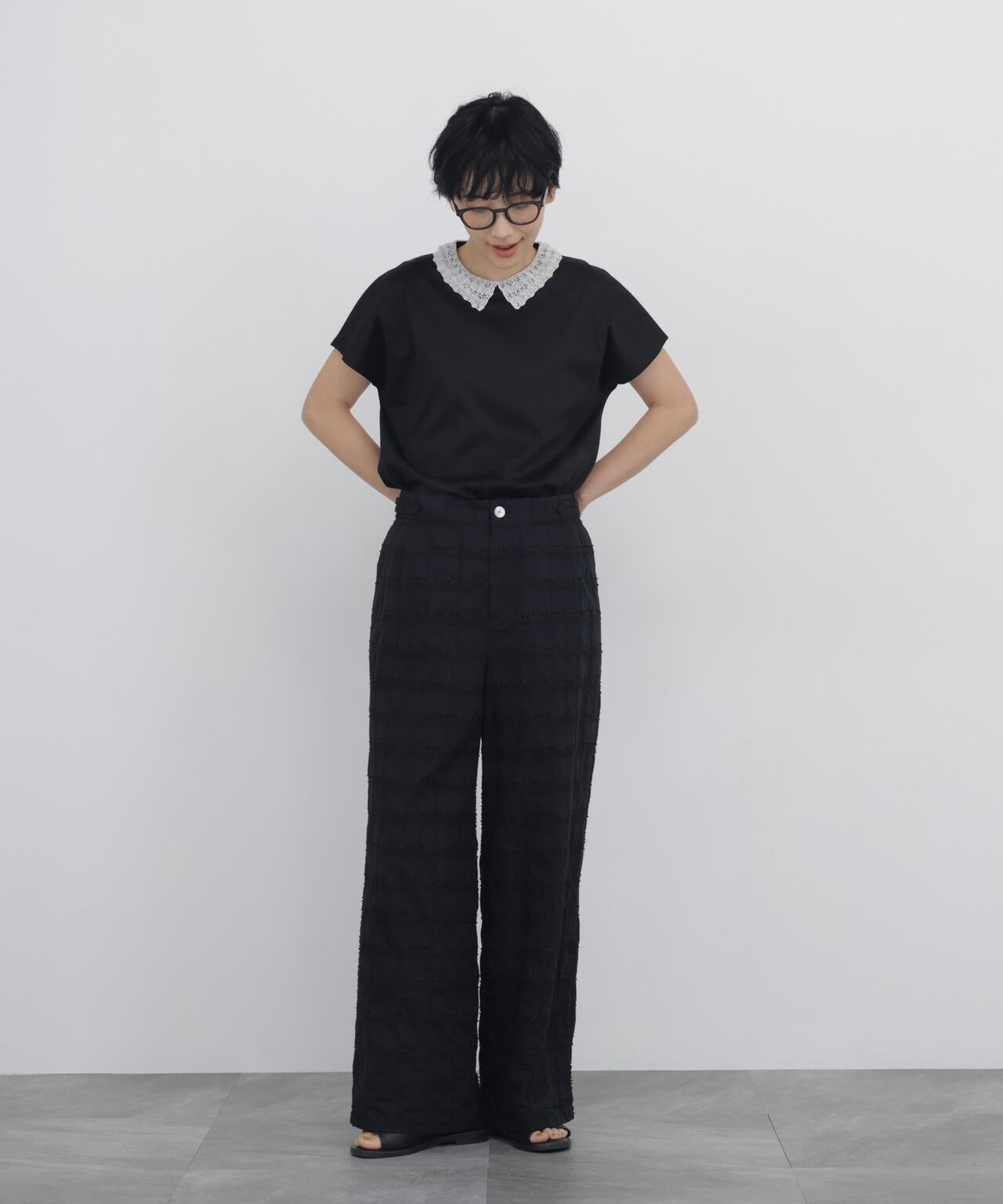 《洗える》 毛絨刺繡格紋 褲子