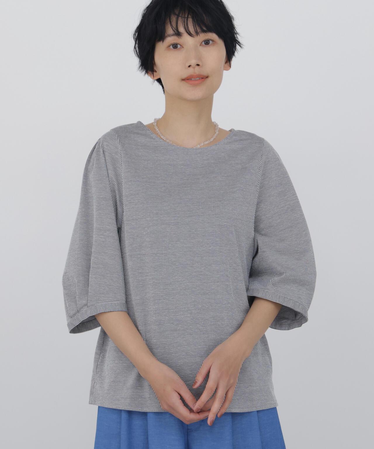 涼感可水洗 提花條紋 圓領 套頭上衣