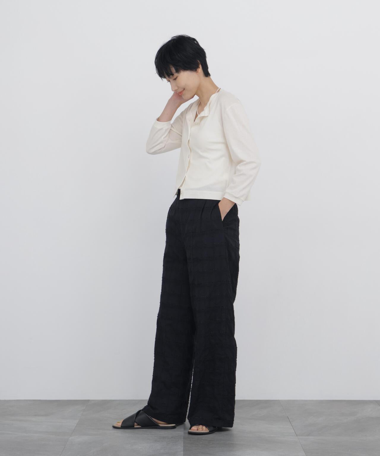 《洗える》 毛絨刺繡格紋 褲子