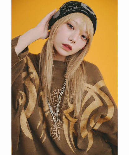 GALFY 水洗做舊 蝙蝠袖 中二病圖案 寬鬆短袖T恤 LHP