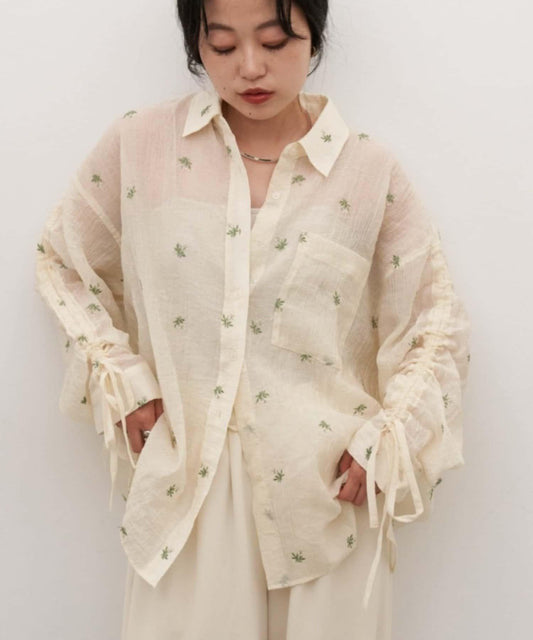 yomo企畫 輕透刺繡袖褶皺襯衫