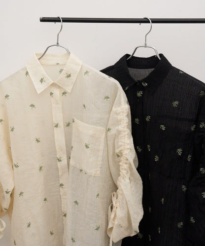 yomo企畫 輕透刺繡袖褶皺襯衫