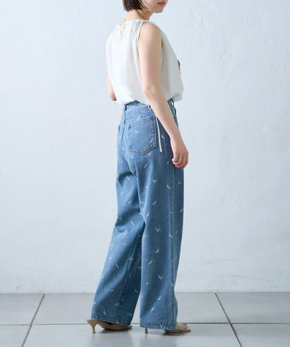 willow 花卉刺繡寬鬆直筒牛仔褲