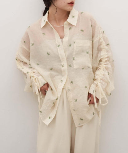 yomo企畫 輕透刺繡袖褶皺襯衫