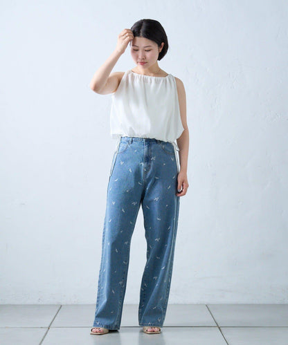 willow 花卉刺繡寬鬆直筒牛仔褲
