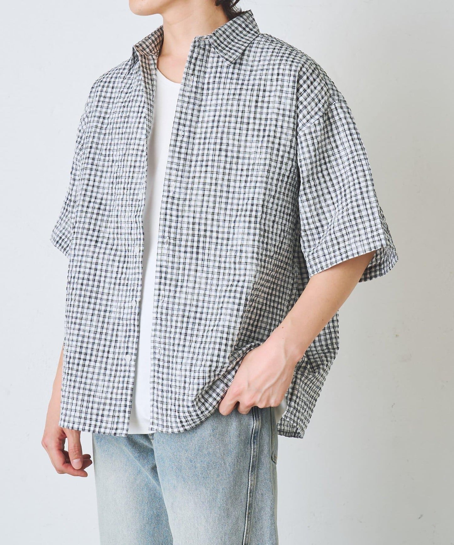 格紋泡泡紗短袖襯衫