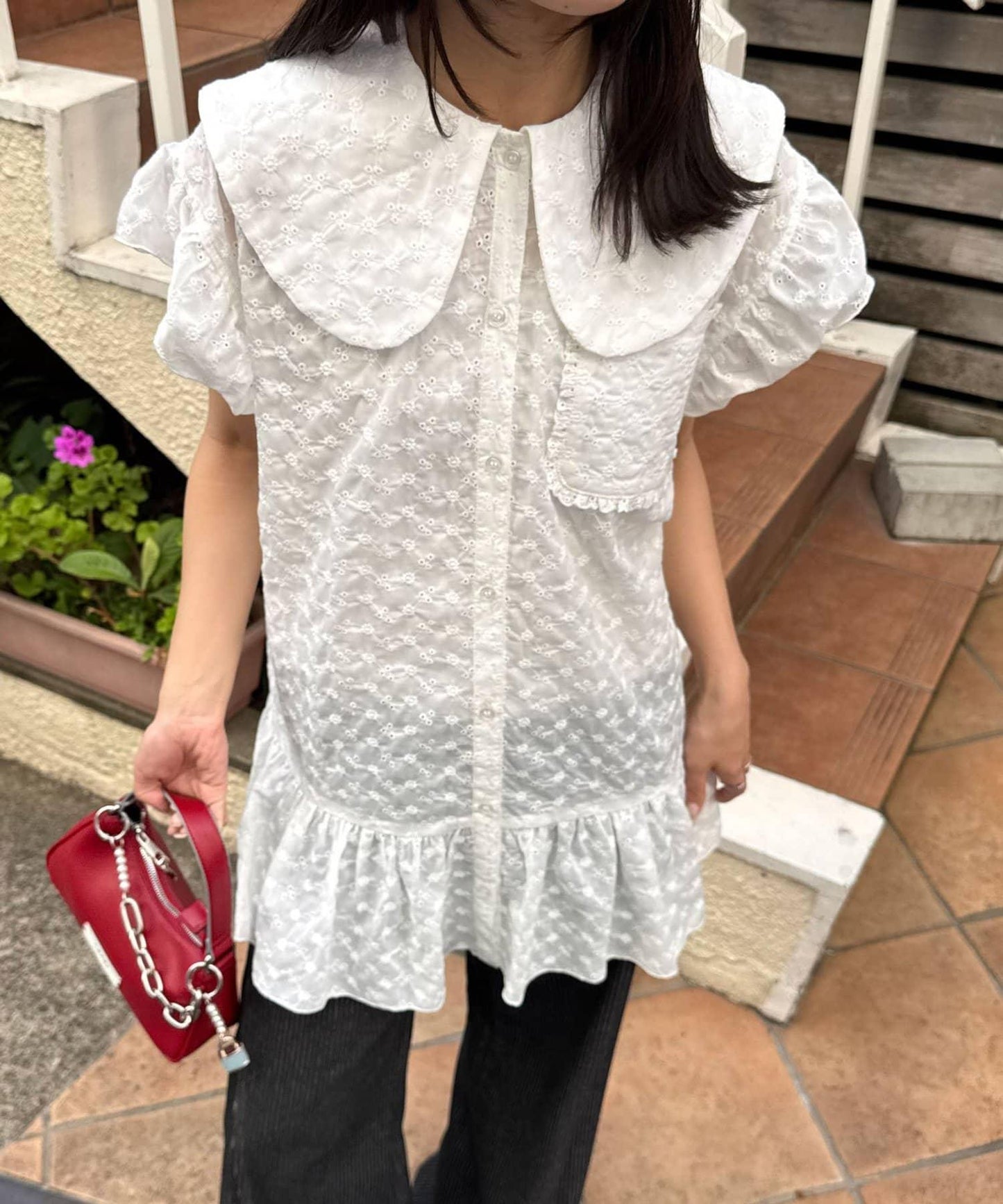 大荷葉邊 棉蕾絲 襯衫