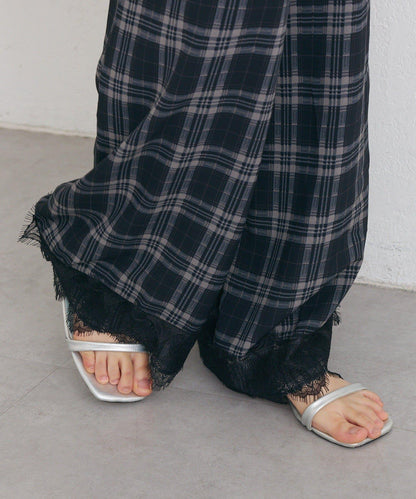 下襬蕾絲格紋 彈力 褲子