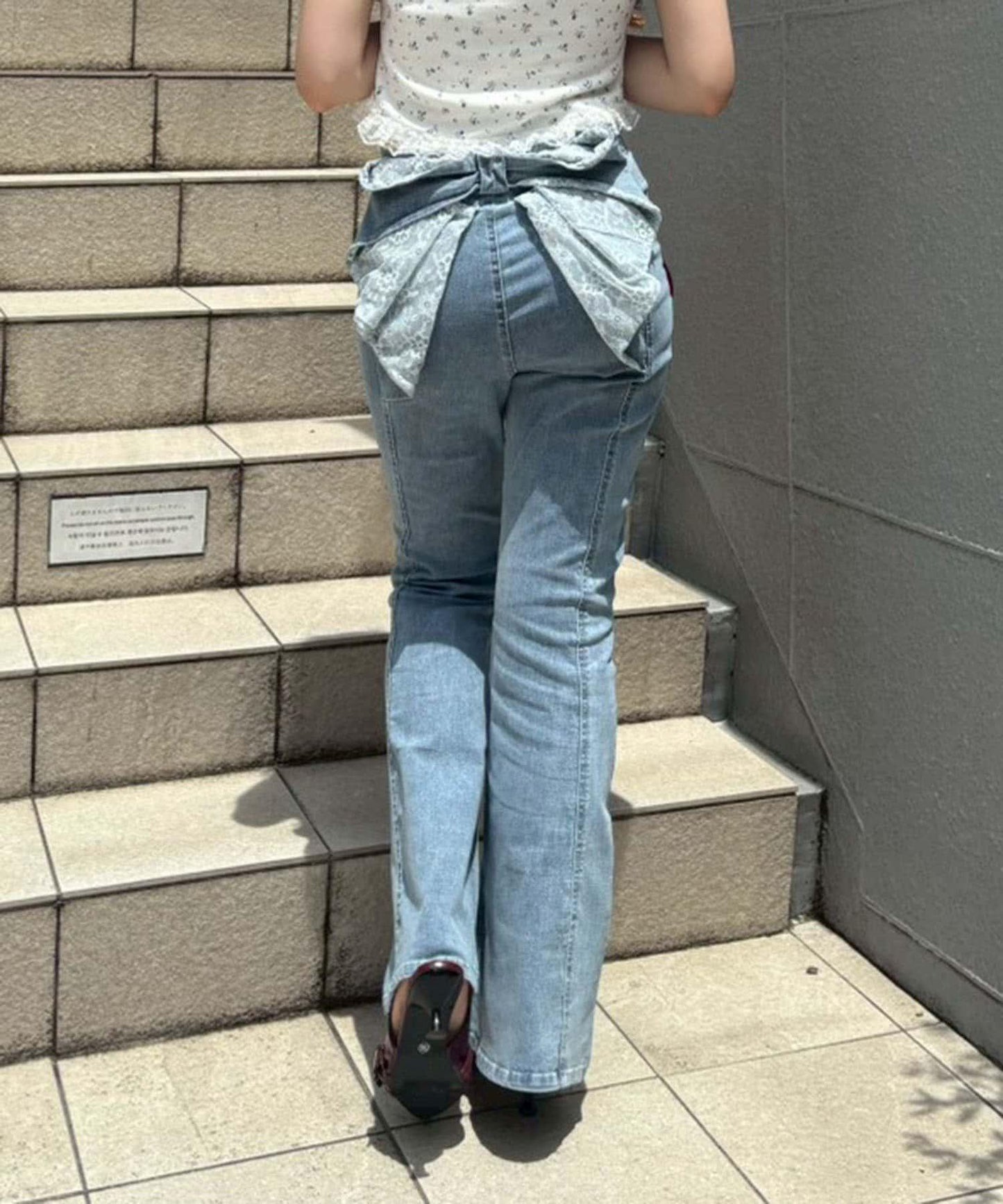 後蝴蝶結喇叭版型蕾絲長褲
