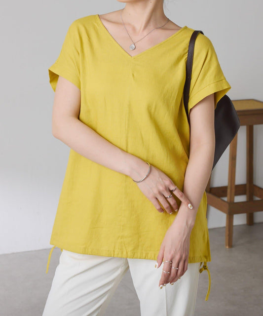 清爽麻混 抽繩設計 休閒 blouse 上衣