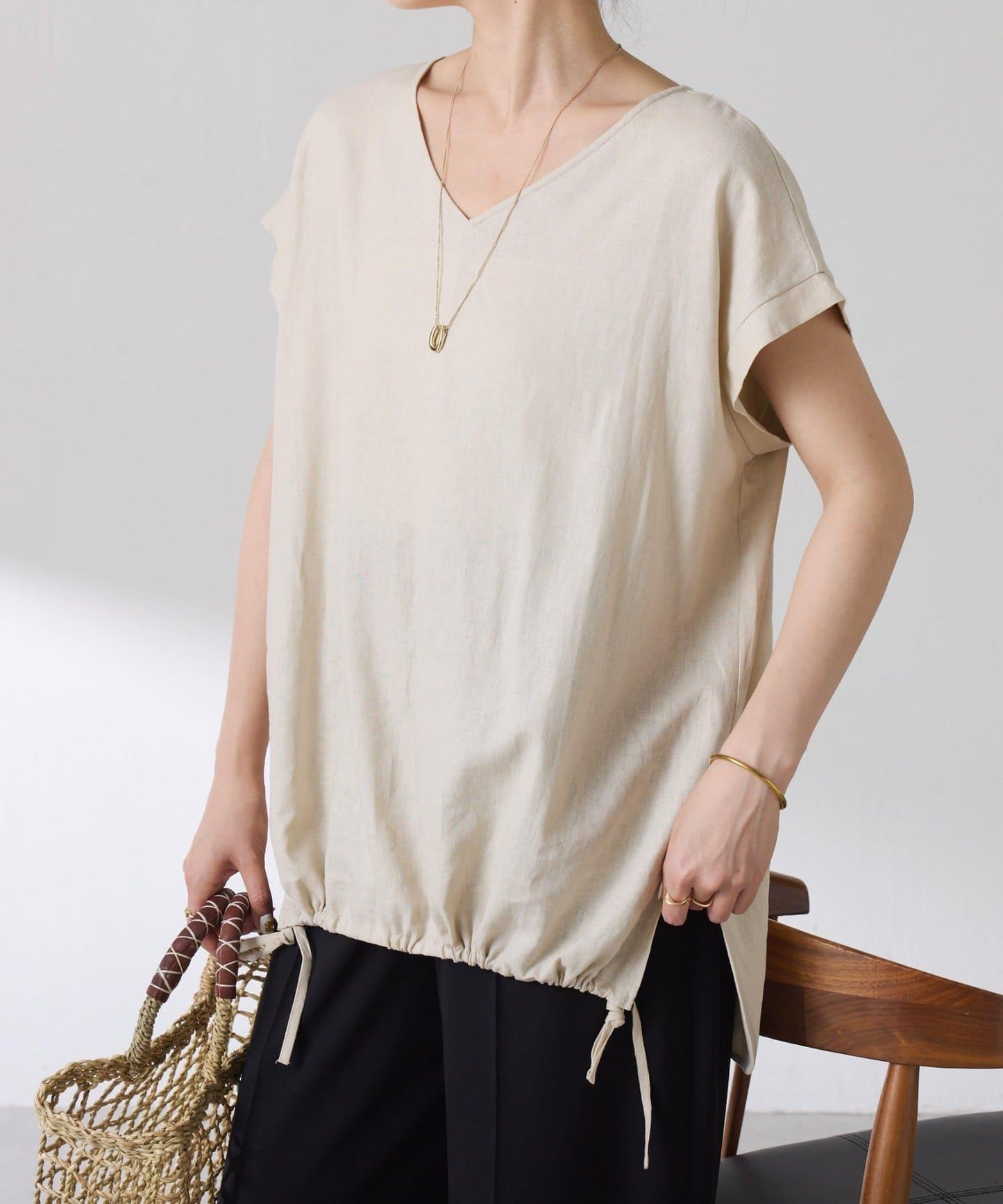 清爽麻混 抽繩設計 休閒 blouse 上衣