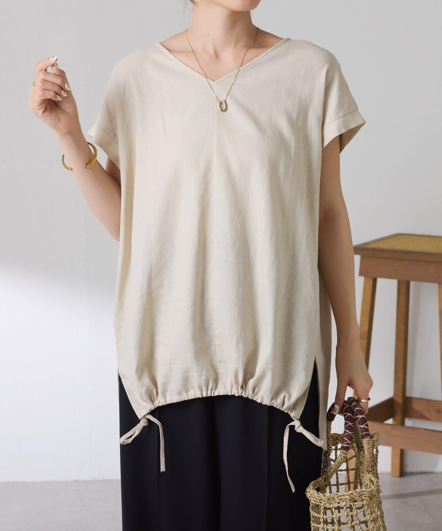 清爽麻混 抽繩設計 休閒 blouse 上衣