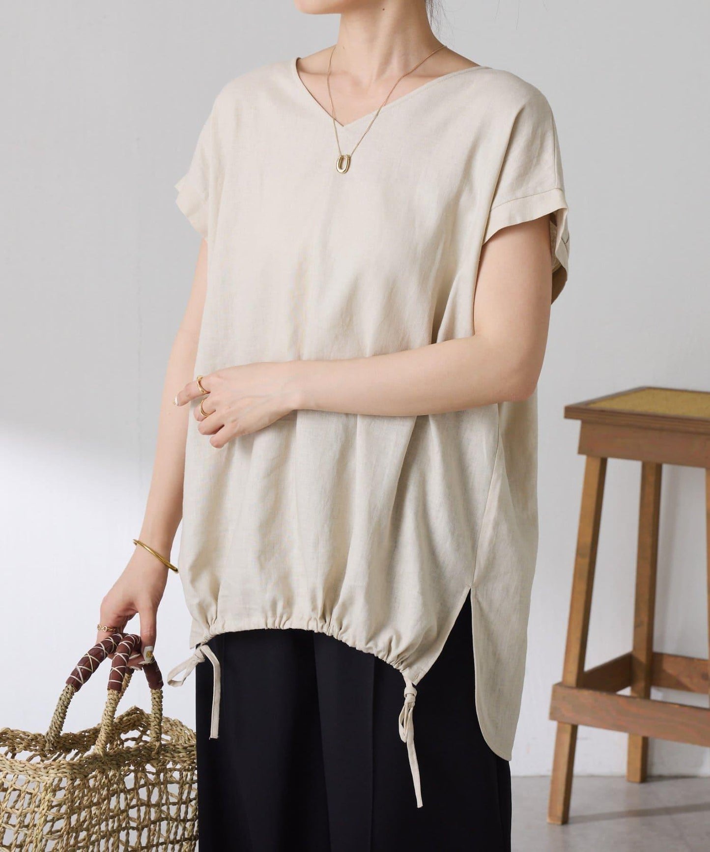 清爽麻混 抽繩設計 休閒 blouse 上衣