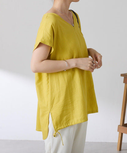 清爽麻混 抽繩設計 休閒 blouse 上衣