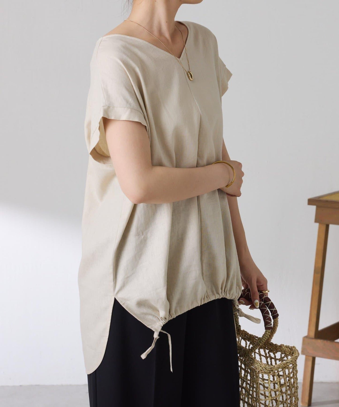 清爽麻混 抽繩設計 休閒 blouse 上衣