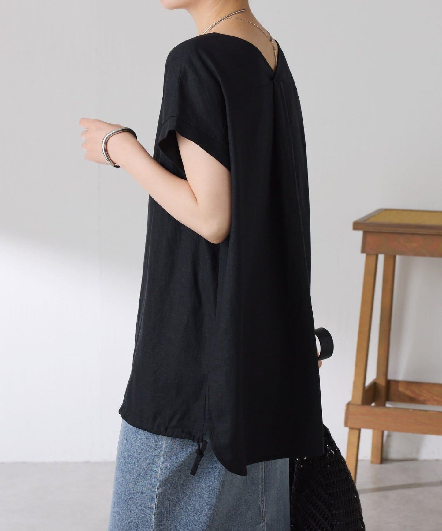 清爽麻混 抽繩設計 休閒 blouse 上衣