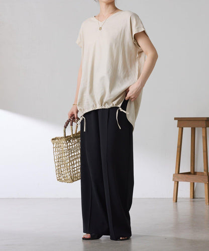 清爽麻混 抽繩設計 休閒 blouse 上衣