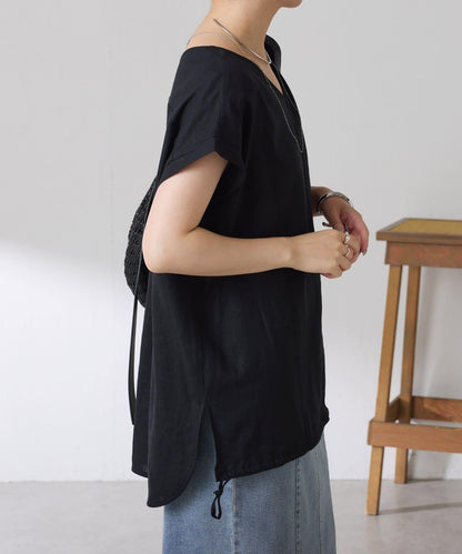 清爽麻混 抽繩設計 休閒 blouse 上衣
