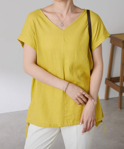 清爽麻混 抽繩設計 休閒 blouse 上衣