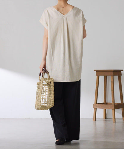 清爽麻混 抽繩設計 休閒 blouse 上衣